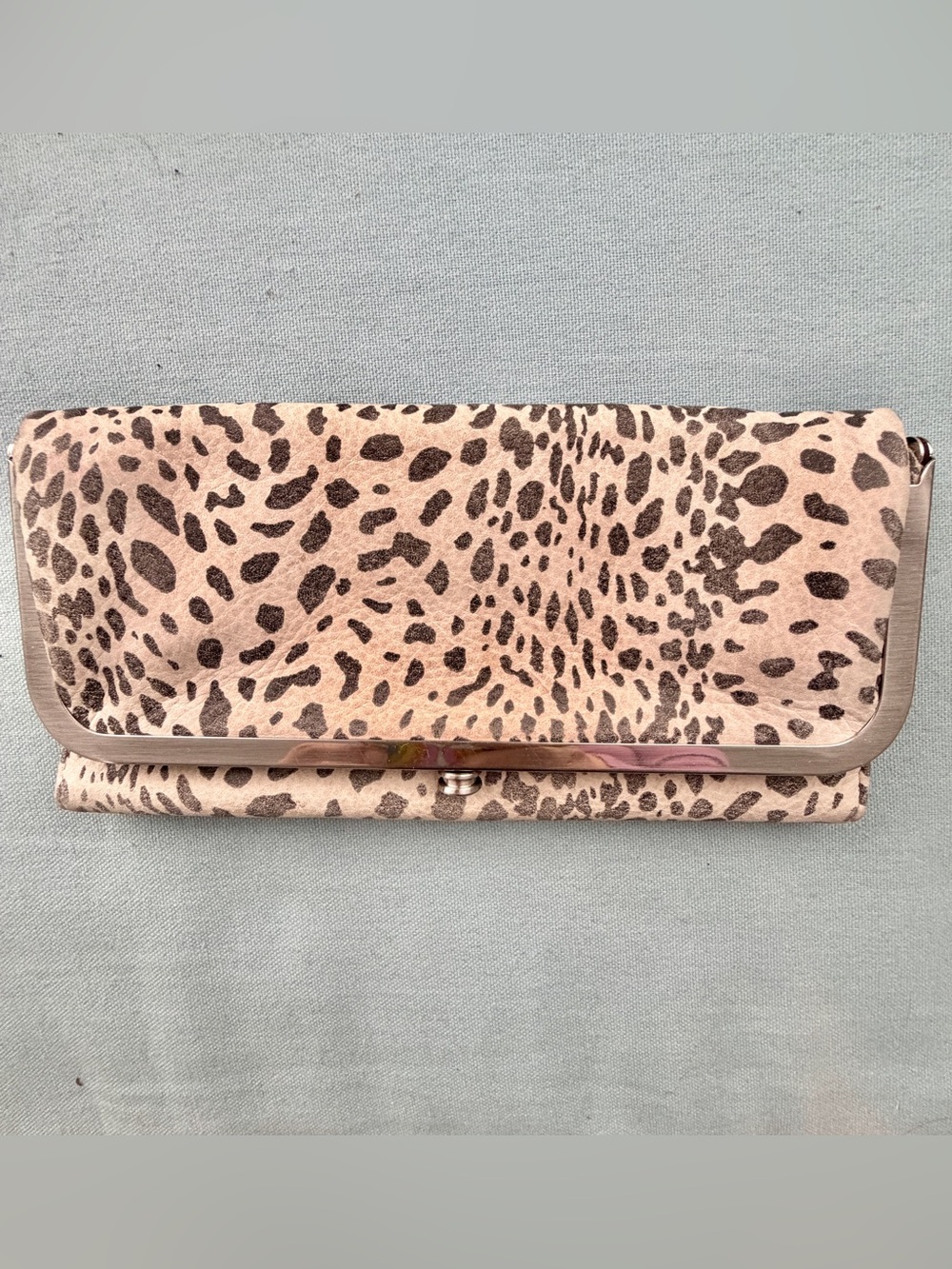 HOBO Lauren sold out cheetah Print Fold-Over wallet Clutch gray and cream